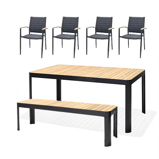 Conjunto mesa exterior con banco y 4 sillas blanco y madera Portals Dark