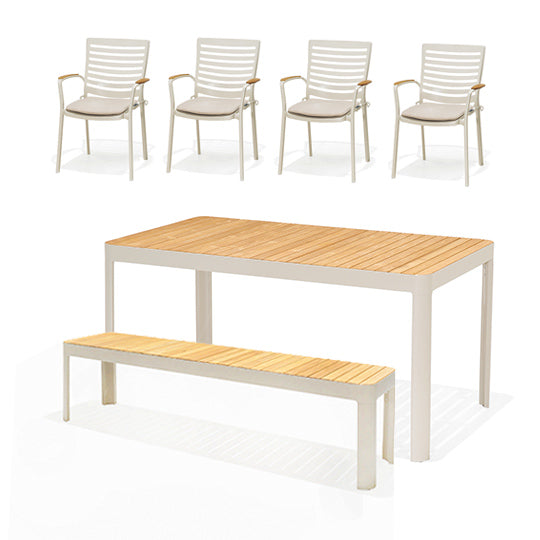 Conjunto comedor exterior banco y sillas madera/blanca Portals Carver
