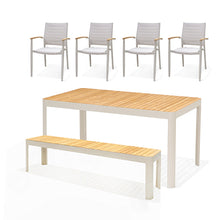 Cargar imagen en el visor de la galería, Conjunto mesa exterior con banco y 4 sillas blanco y madera Portals Light
