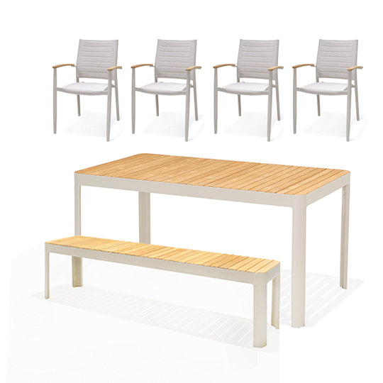 Conjunto mesa exterior con banco y 4 sillas blanco y madera Portals Light